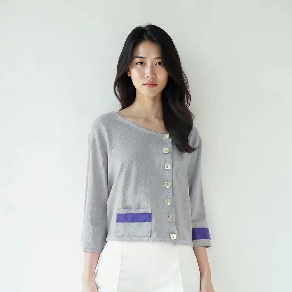 NWT Tribe Boutique Hand Woven Structured Lagenlook Pearl White Purple Crop Top S